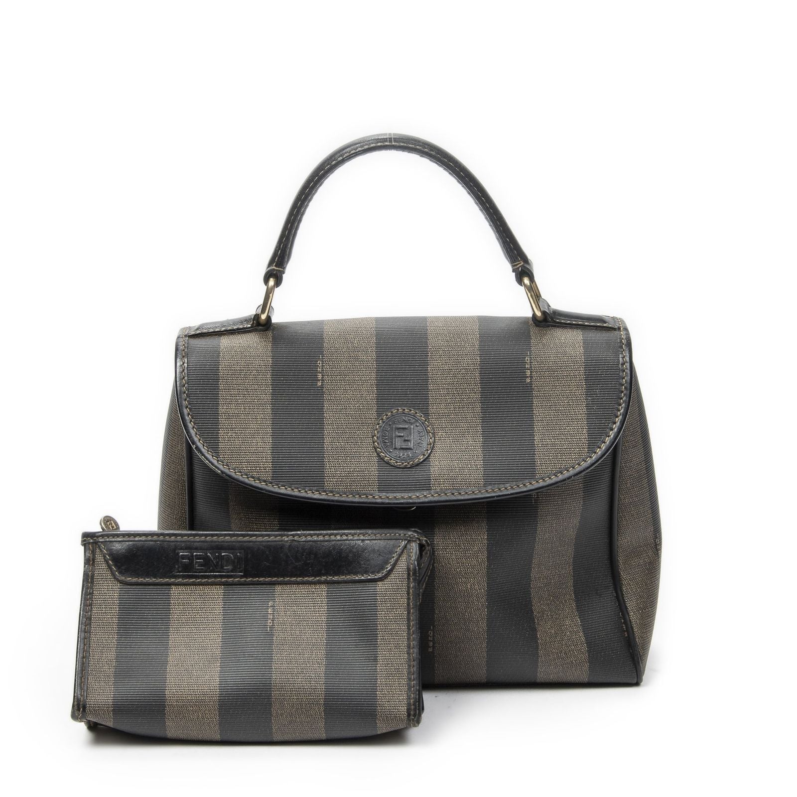 Fendi Vintage Flap Top Handle Brown Black Pecan Stripe Canvas