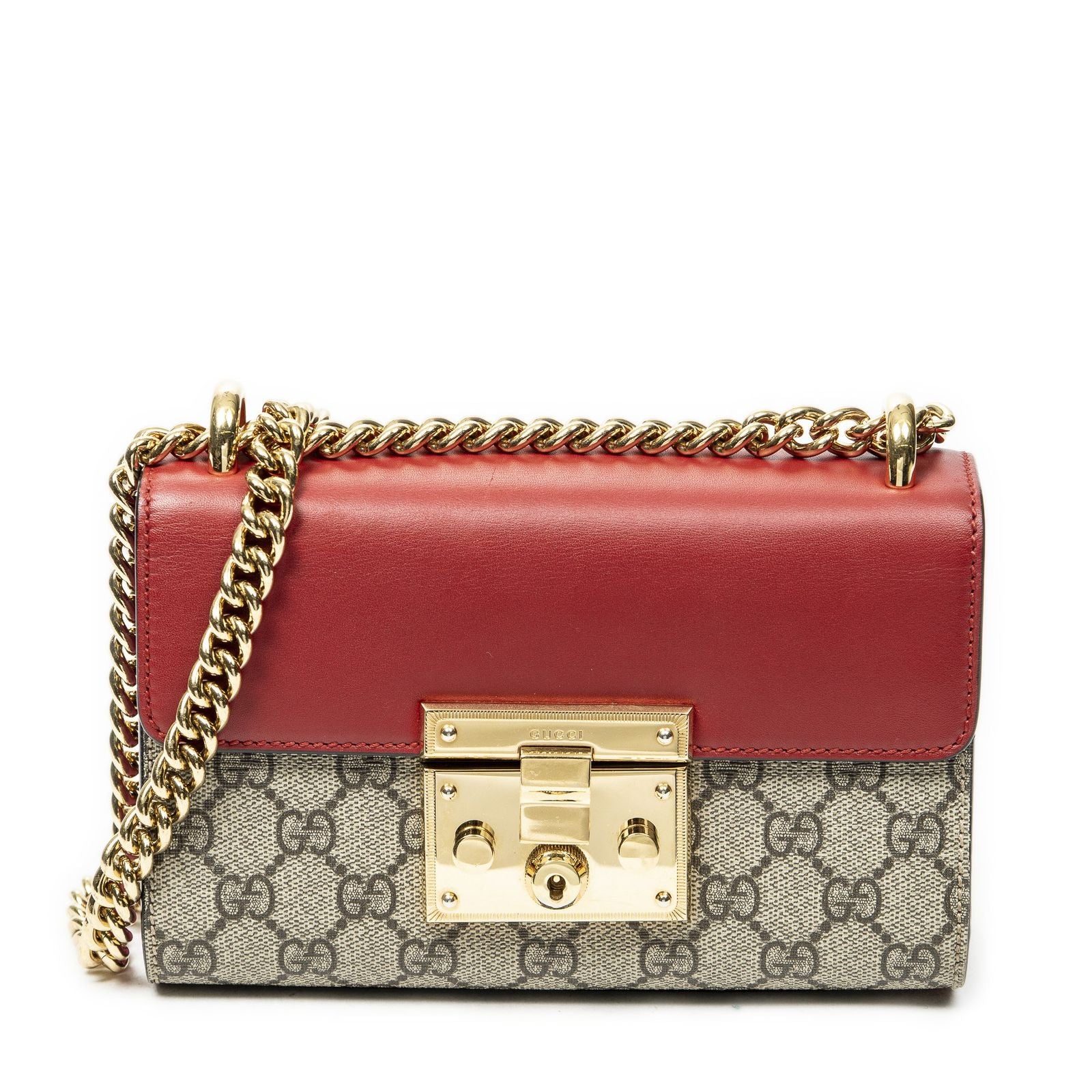 Gucci Small Padlock Chain Crossbody Beige Red Pink Split-m Canvas