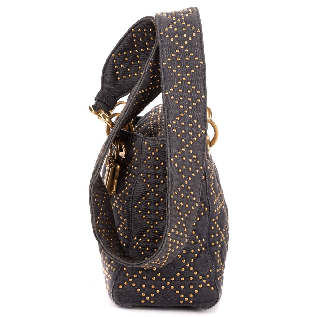 Dior Medium Studded Lady Dior Flap Gray Studs Denim Canvas Handbag — view 3