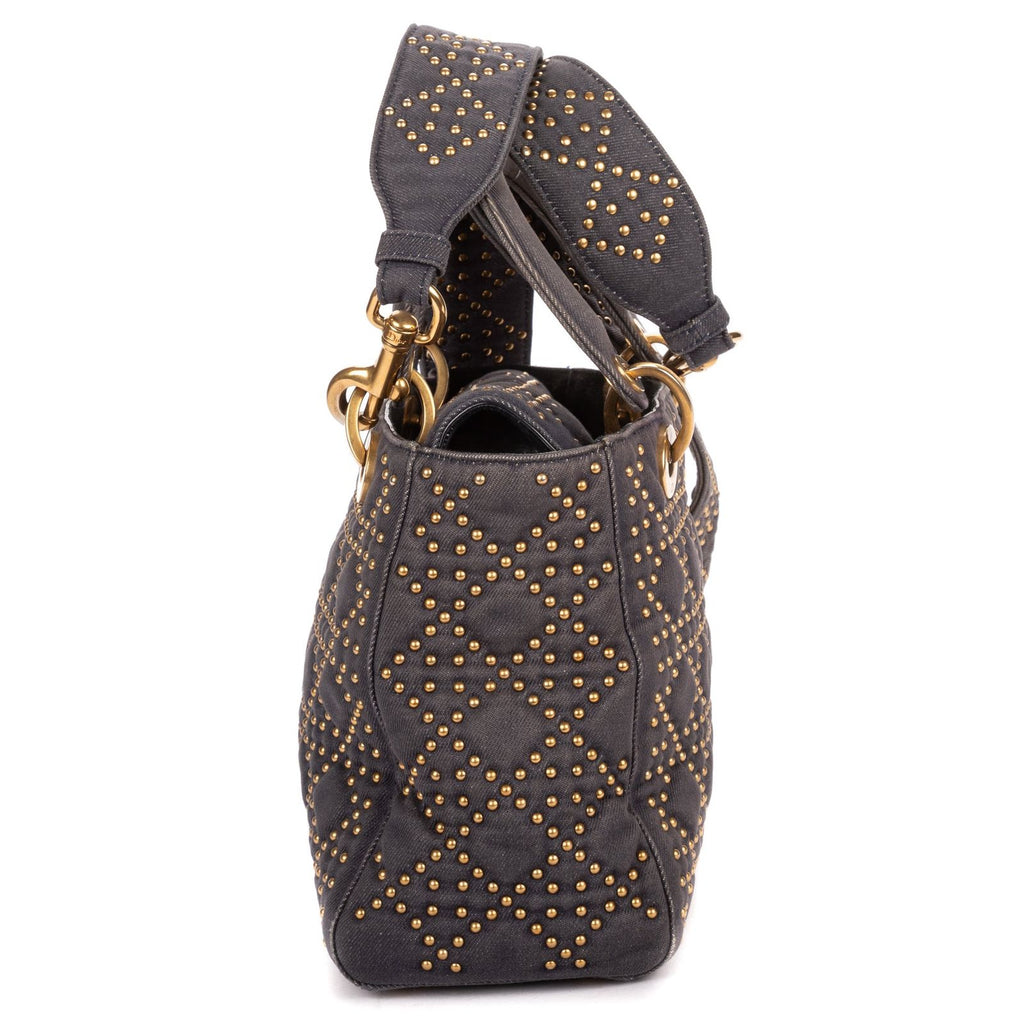 Dior Medium Studded Lady Dior Flap Gray Studs Denim Canvas Handbag — view 4