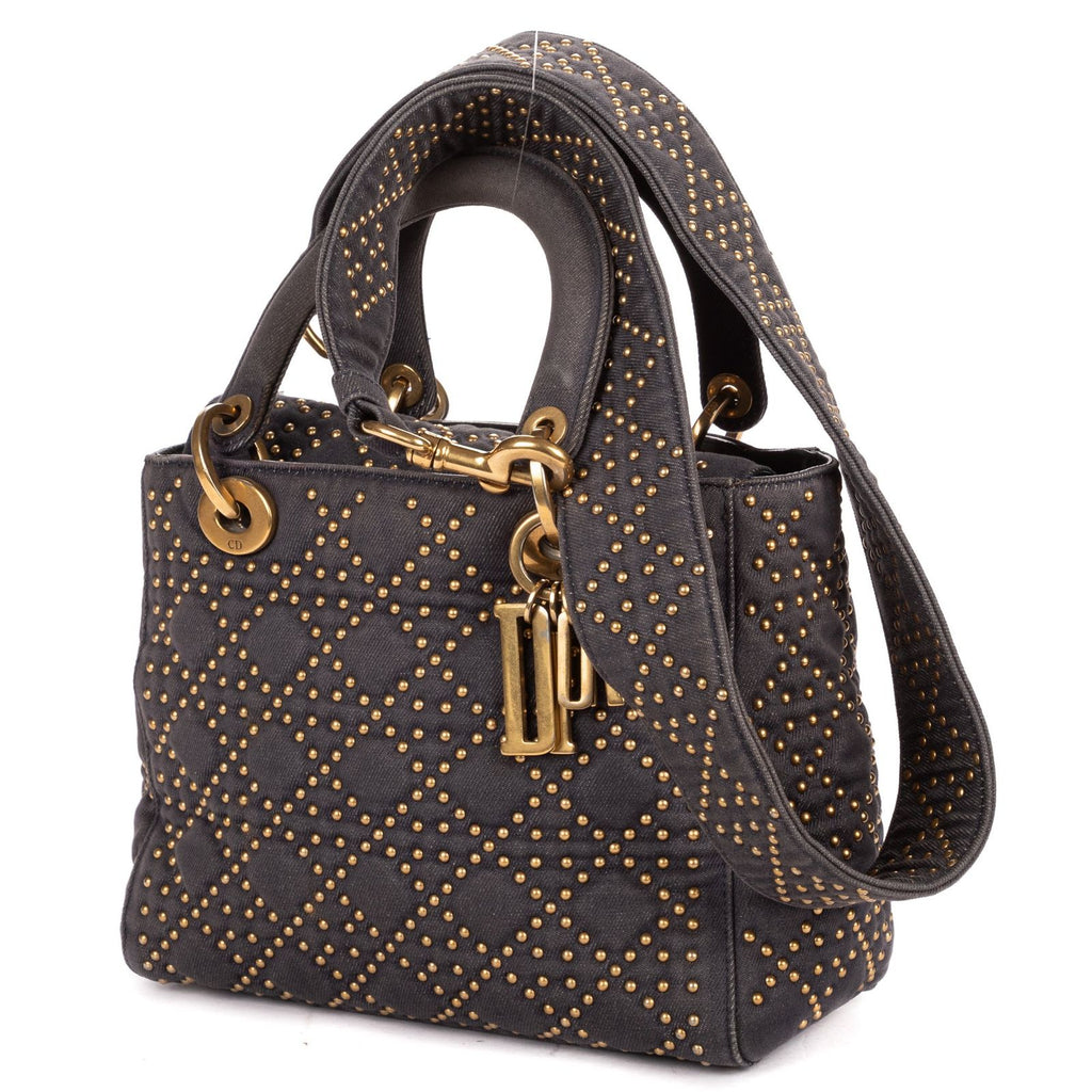 Dior Medium Studded Lady Dior Flap Gray Studs Denim Canvas Handbag — view 2