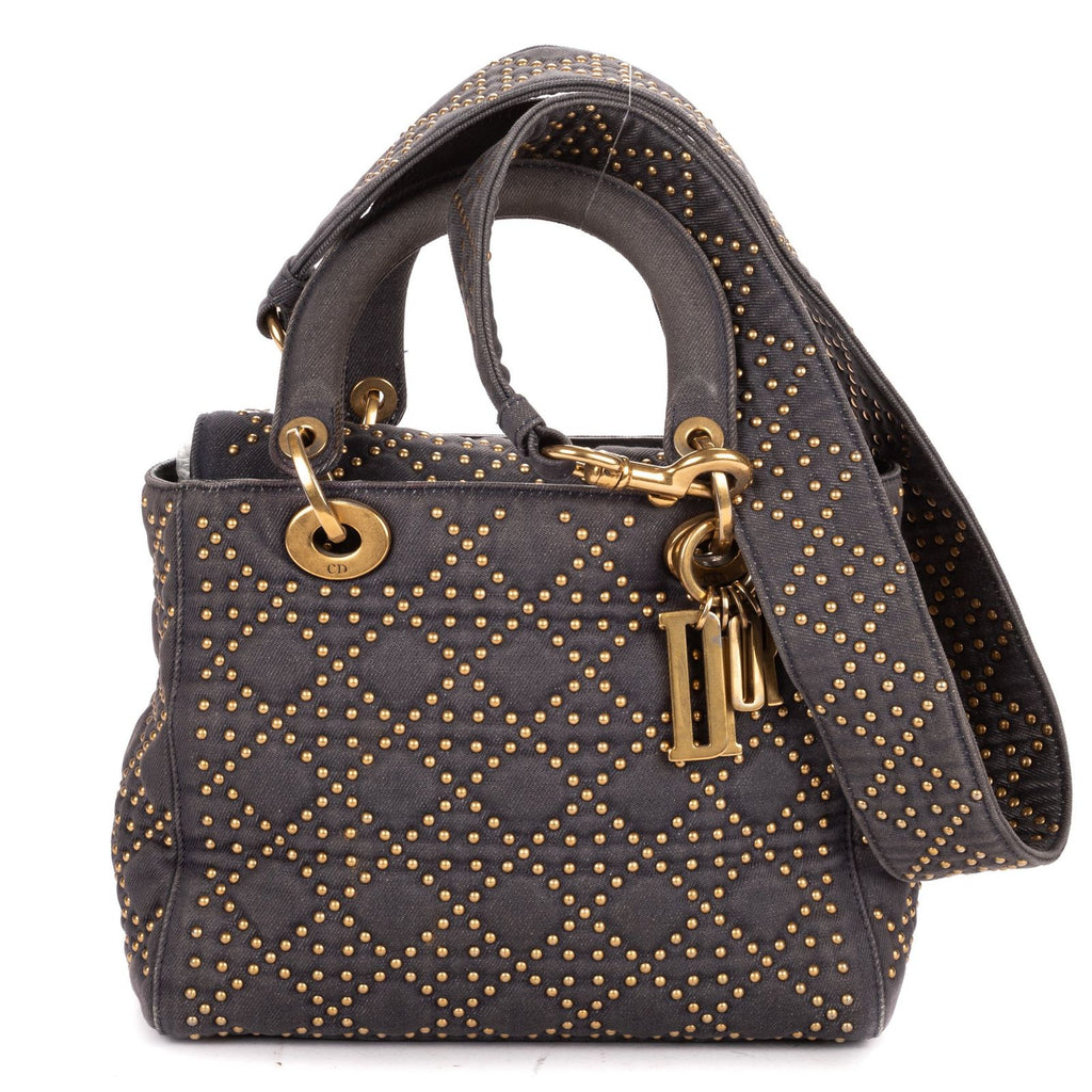 Dior Medium Studded Lady Dior Flap Gray Studs Denim Canvas Handbag