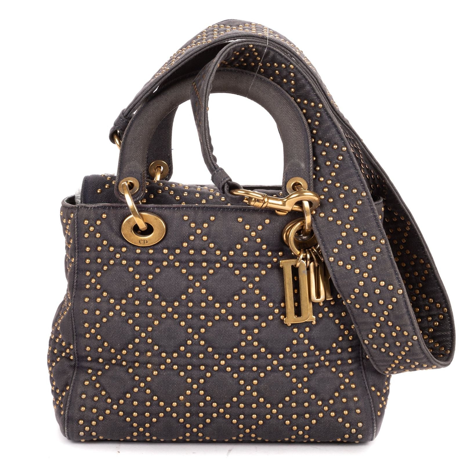 Dior Medium Studded Lady Dior Flap Gray Studs Denim Canvas Handbag