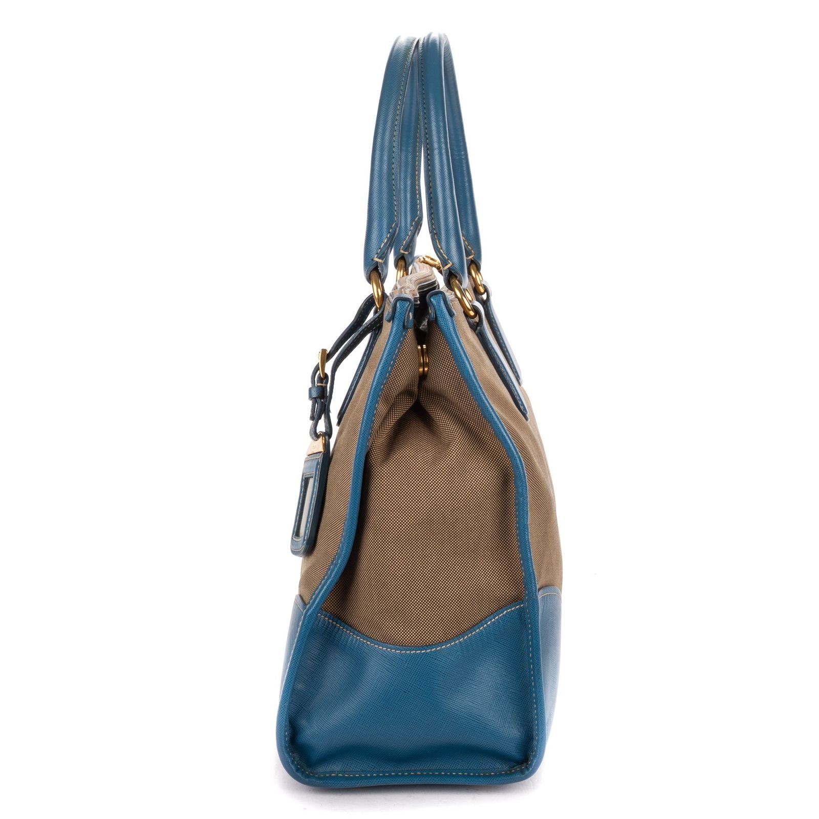 Prada Saffiano Trimmed Tote Beige Blue Floral Canvas — view 3