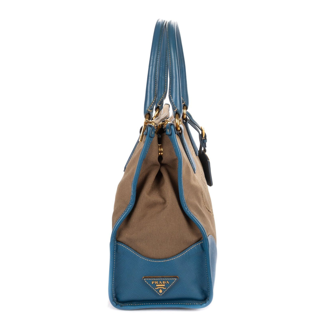 Prada Saffiano Trimmed Tote Beige Blue Floral Canvas — view 4