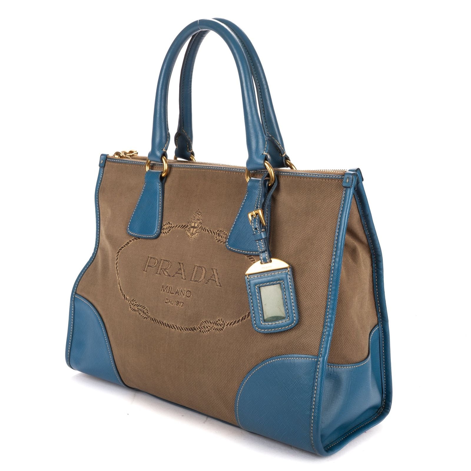 Prada Saffiano Trimmed Tote Beige Blue Floral Canvas — view 2