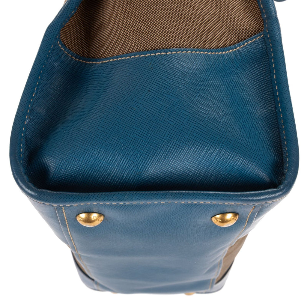 Prada Saffiano Trimmed Tote Beige Blue Floral Canvas — view 7