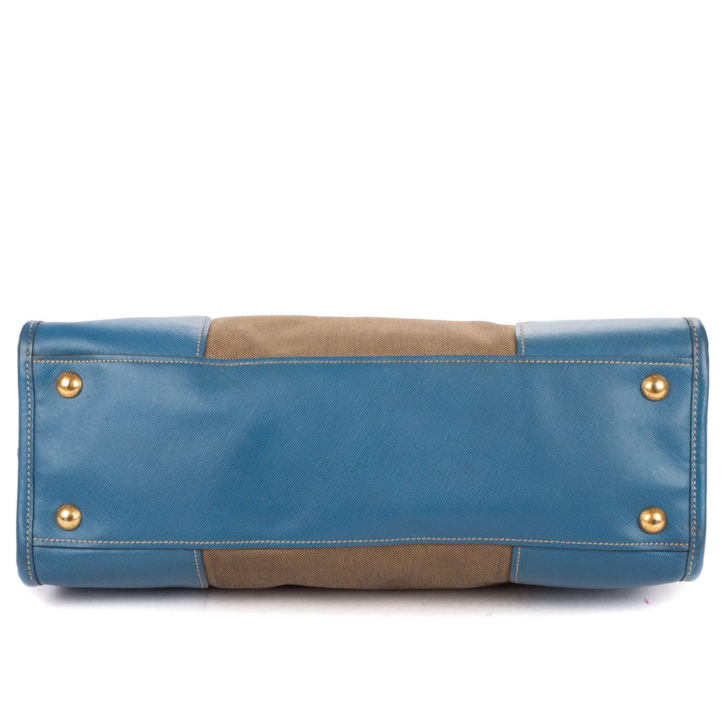 Prada Saffiano Trimmed Tote Beige Blue Floral Canvas — view 6