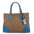 Prada Saffiano Trimmed Tote Beige Blue Floral Canvas