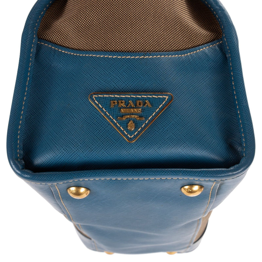 Prada Saffiano Trimmed Tote Beige Blue Floral Canvas — view 8