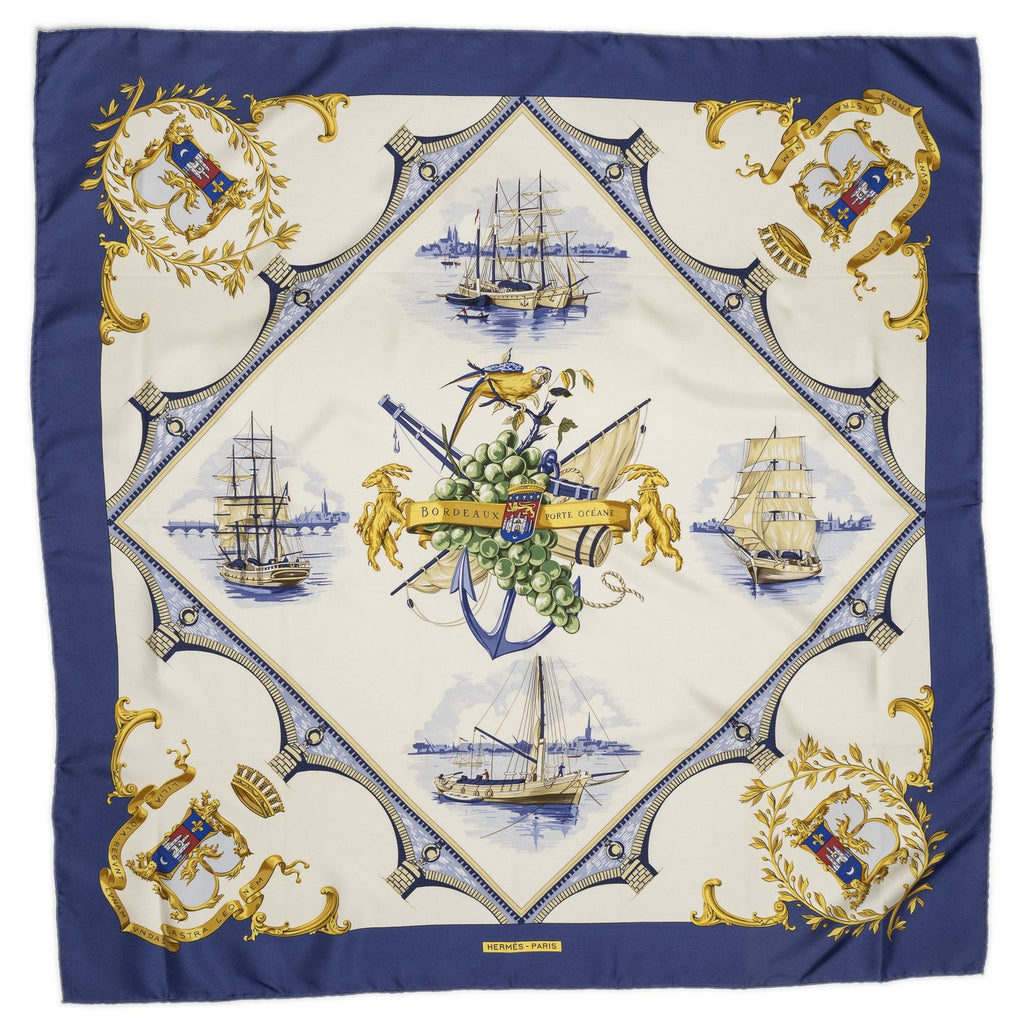Hermes Scarf Blue Ivory Gold Silk — view 2
