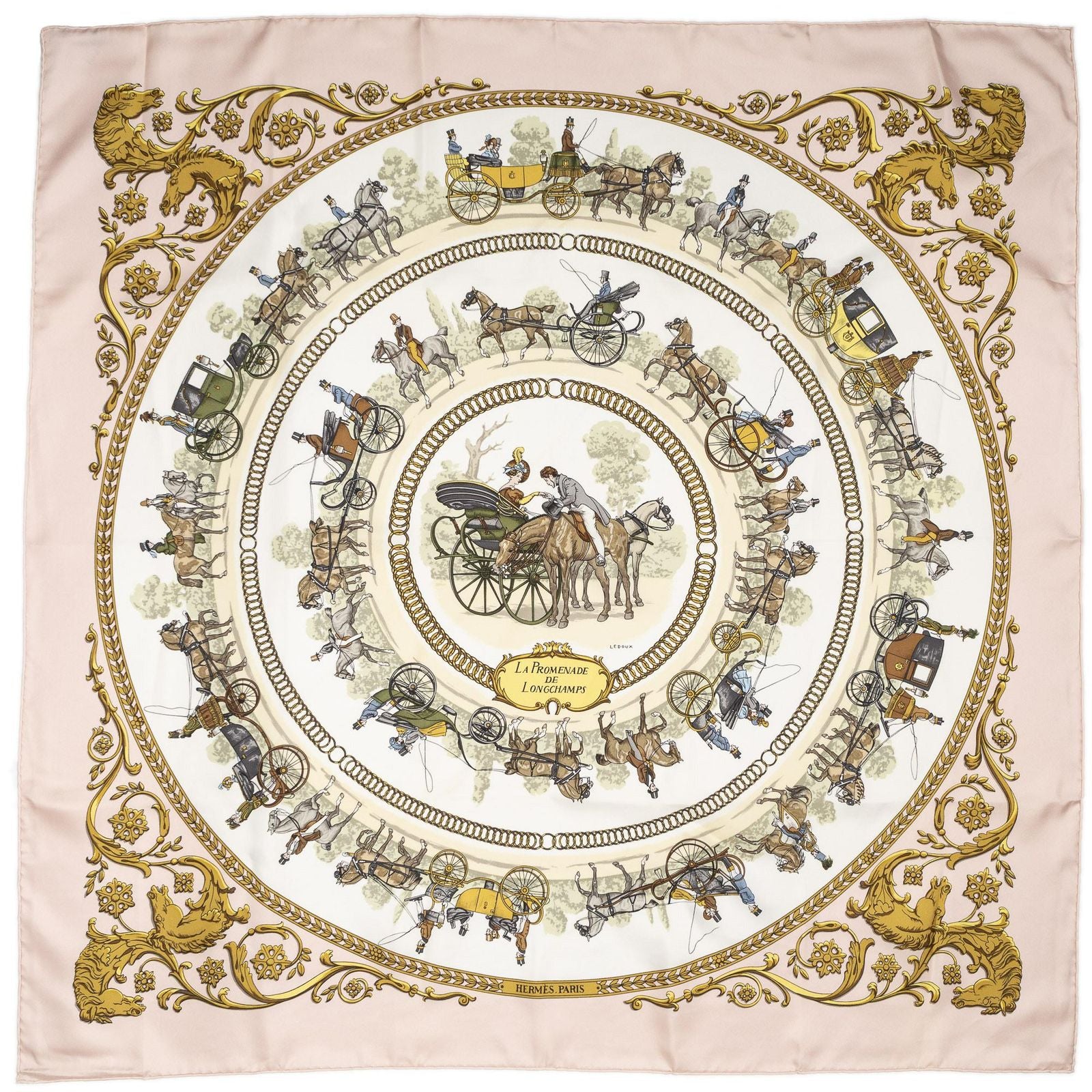Hermes Scarf Light Pink Gold Green Silk — view 2