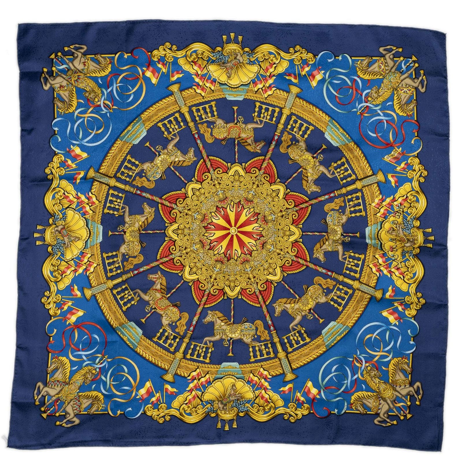 Hermes Scarf Navy Yellow Red 100% Silk — view 2