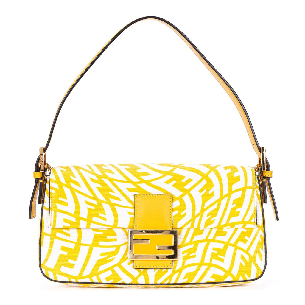 Fendi White Yellow Embossed FF Fabric Canvasa Shoulder