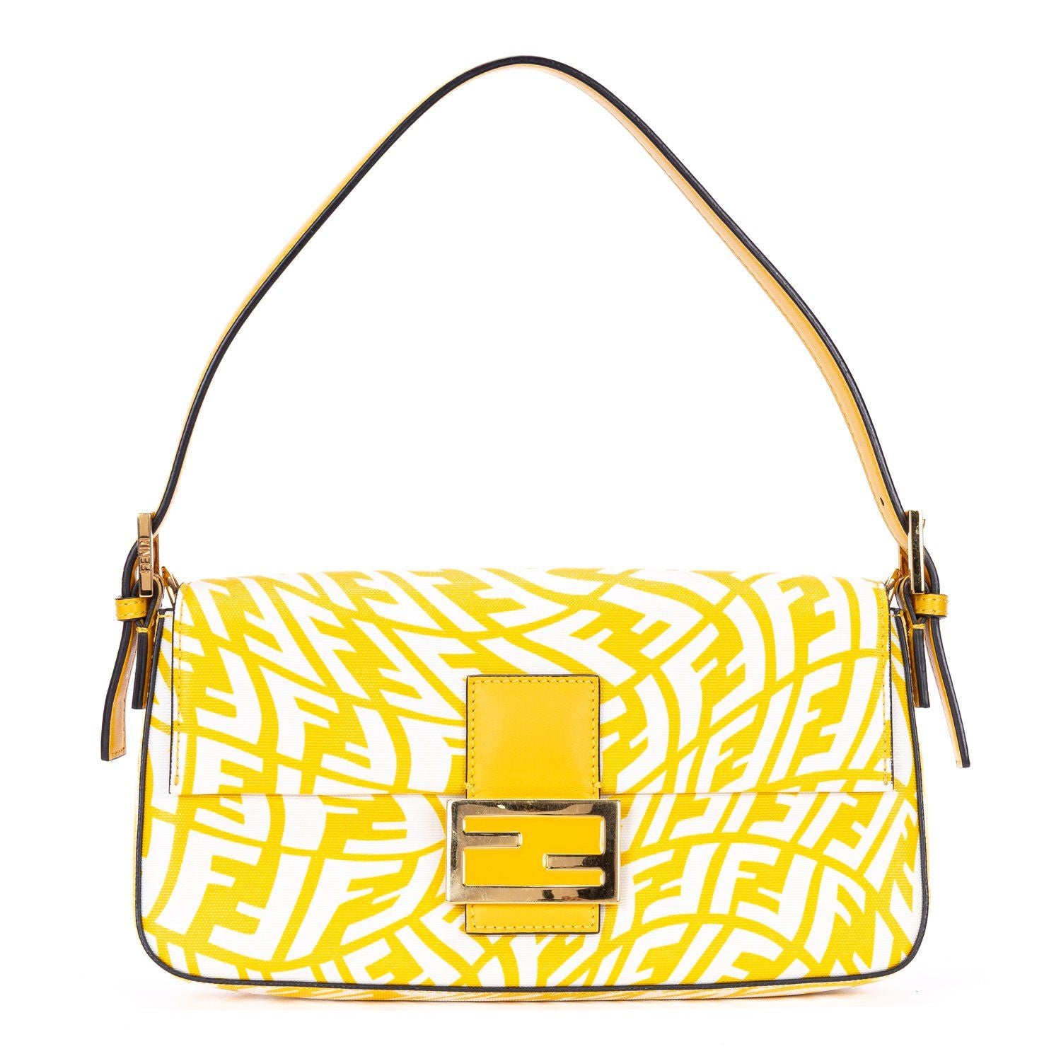 Fendi White Yellow Embossed FF Fabric Canvasa Shoulder