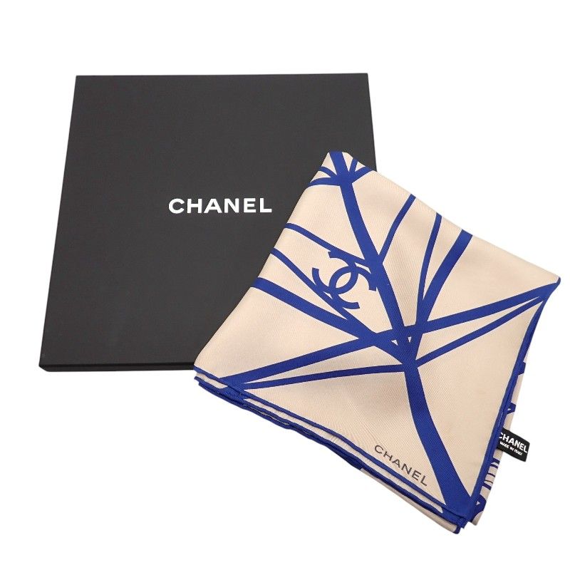 Chanel CC Logo Geometric Scarf Silk Beige Blue Included — view 2