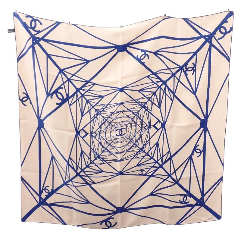 Chanel CC Logo Geometric Scarf Silk Beige Blue Included