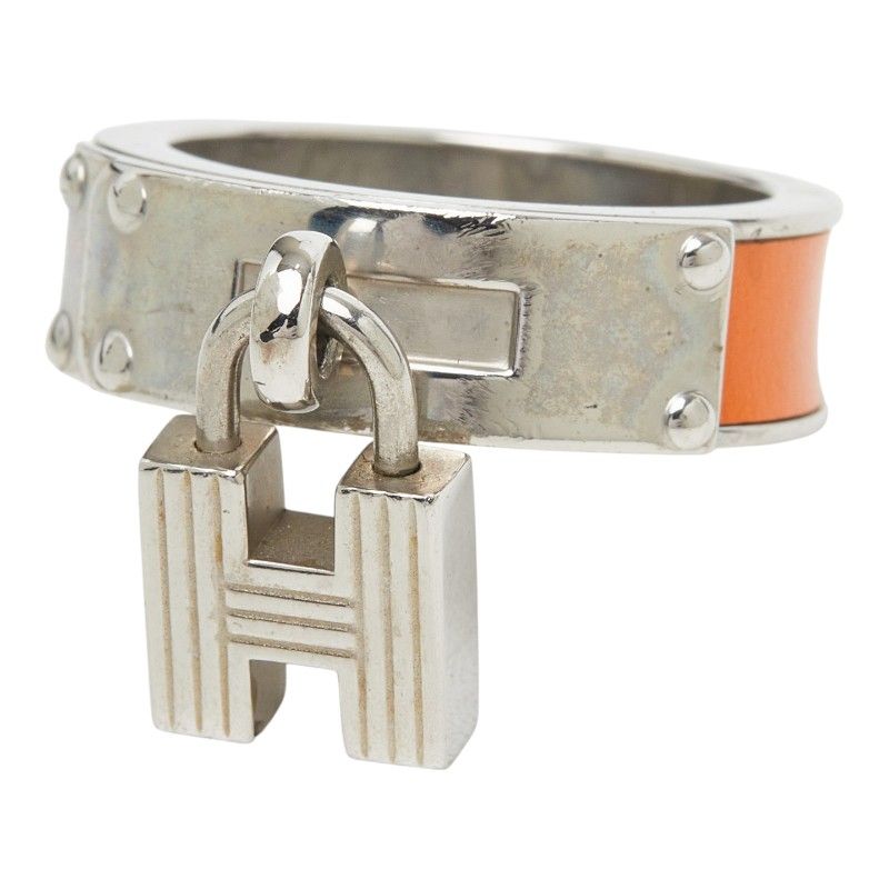 Hermes Kelly Cadena Motif Scarf Ring Silver Orange Metal Leather — view 3