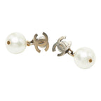 Chanel CC Logo Swing Earrings 09 Gold White Plated Faux Pearl