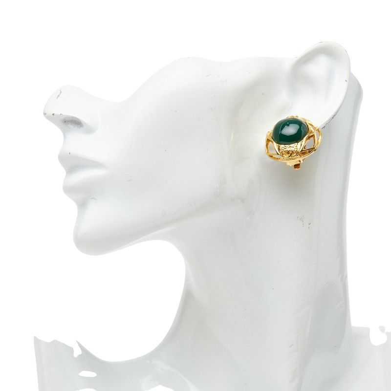Chanel CC Logo Gripoix Vintage Round Single Earrings Green Gold Plated Glass — view 4