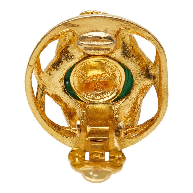Chanel CC Logo Gripoix Vintage Round Single Earrings Green Gold Plated Glass — view 3