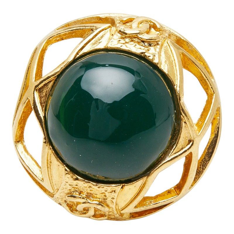 Chanel CC Logo Gripoix Vintage Round Single Earrings Green Gold Plated Glass