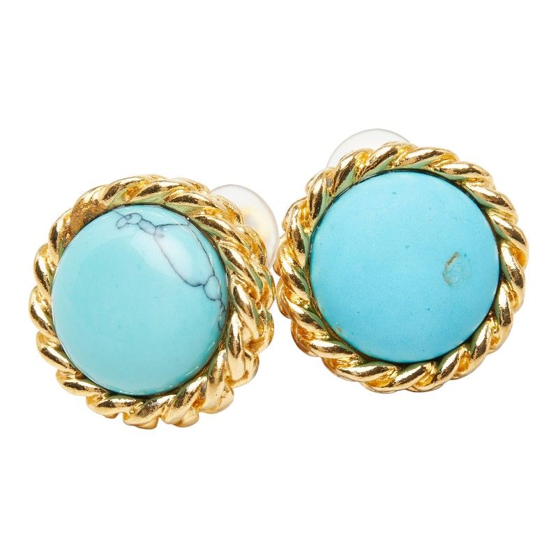 Chanel Vintage Round Earrings Blue Gold Plated