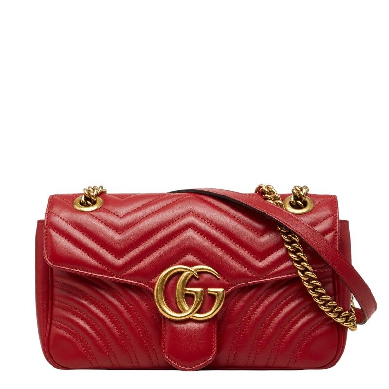 Gucci GG Marmont Crossbody Chain Shoulder Bag Quilted Red Gold Leather