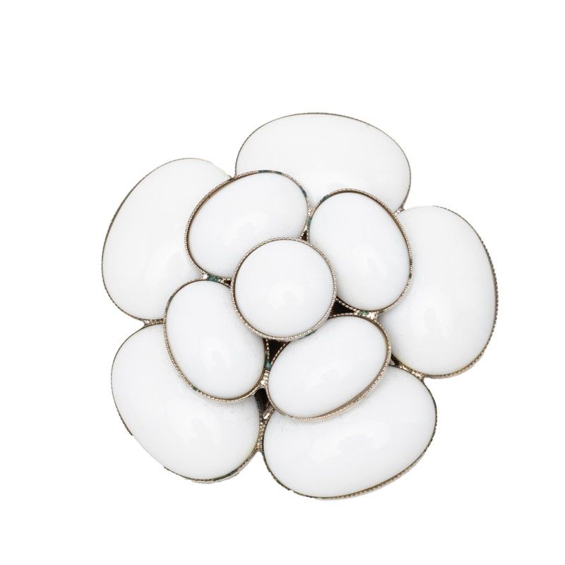 Chanel Camellia Vintage Brooch 98c White Ceramic Metal
