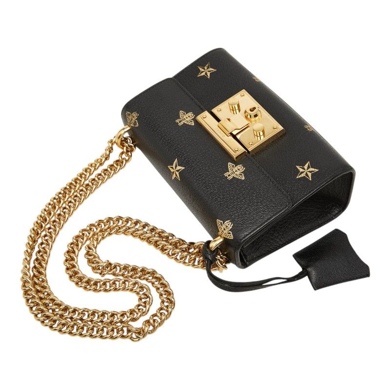 Gucci Padlock Star Hachi Bee Chain Shoulder Bag Crossbody Black Gold Leather — view 4