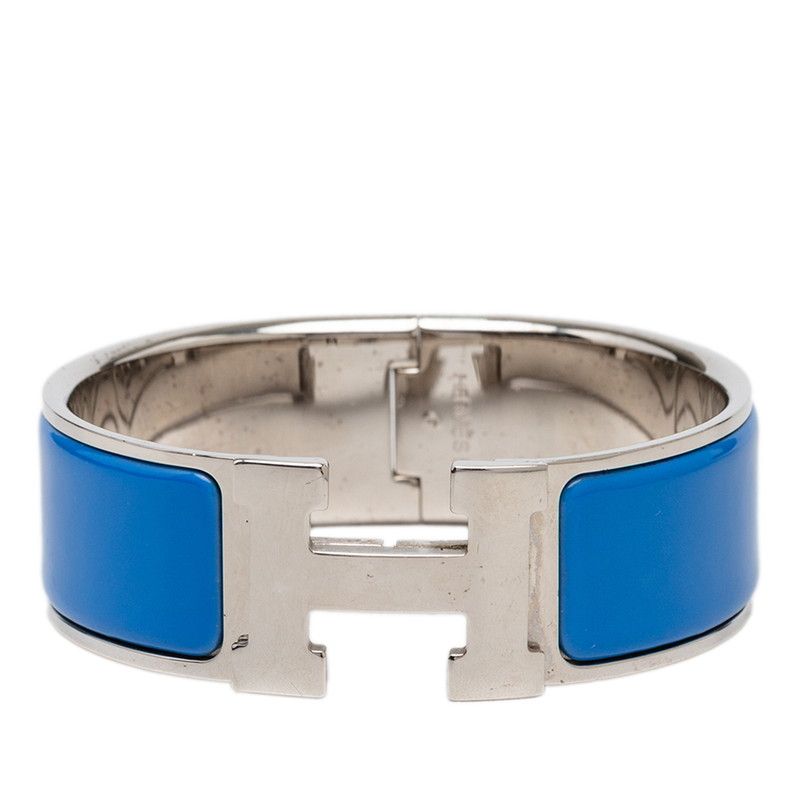 Hermes Clic Clac PM Bracelet Bangle Silver Blue Metal Enamel