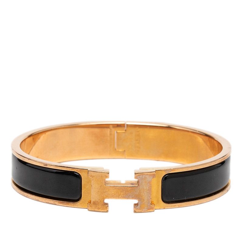 Hermes Click GM Bracelet Bangle Pink Gold Black Metal Enamel