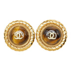 Chanel CC Logo Vintage Round Earrings Brown Gold Plated Tiger — view 2