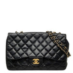 Chanel CC Logo Maxi Quilted 30 Single Flap Chain Shoulder Bag Black Gold