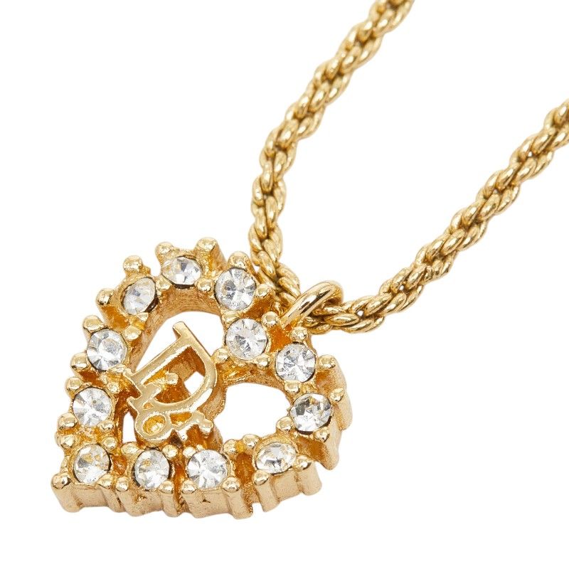 Dior CD Logo Heart Motif Necklace Gold Plated Rhinestone