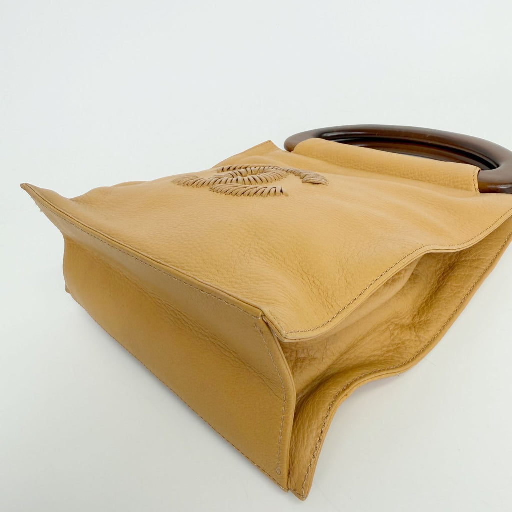 Chanel CC Logo Perforated Wood Handle Handbag Leather Yellow Brown Gold Vintage — view 9