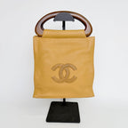 Chanel CC Logo Perforated Wood Handle Handbag Leather Yellow Brown Gold Vintage — view 3