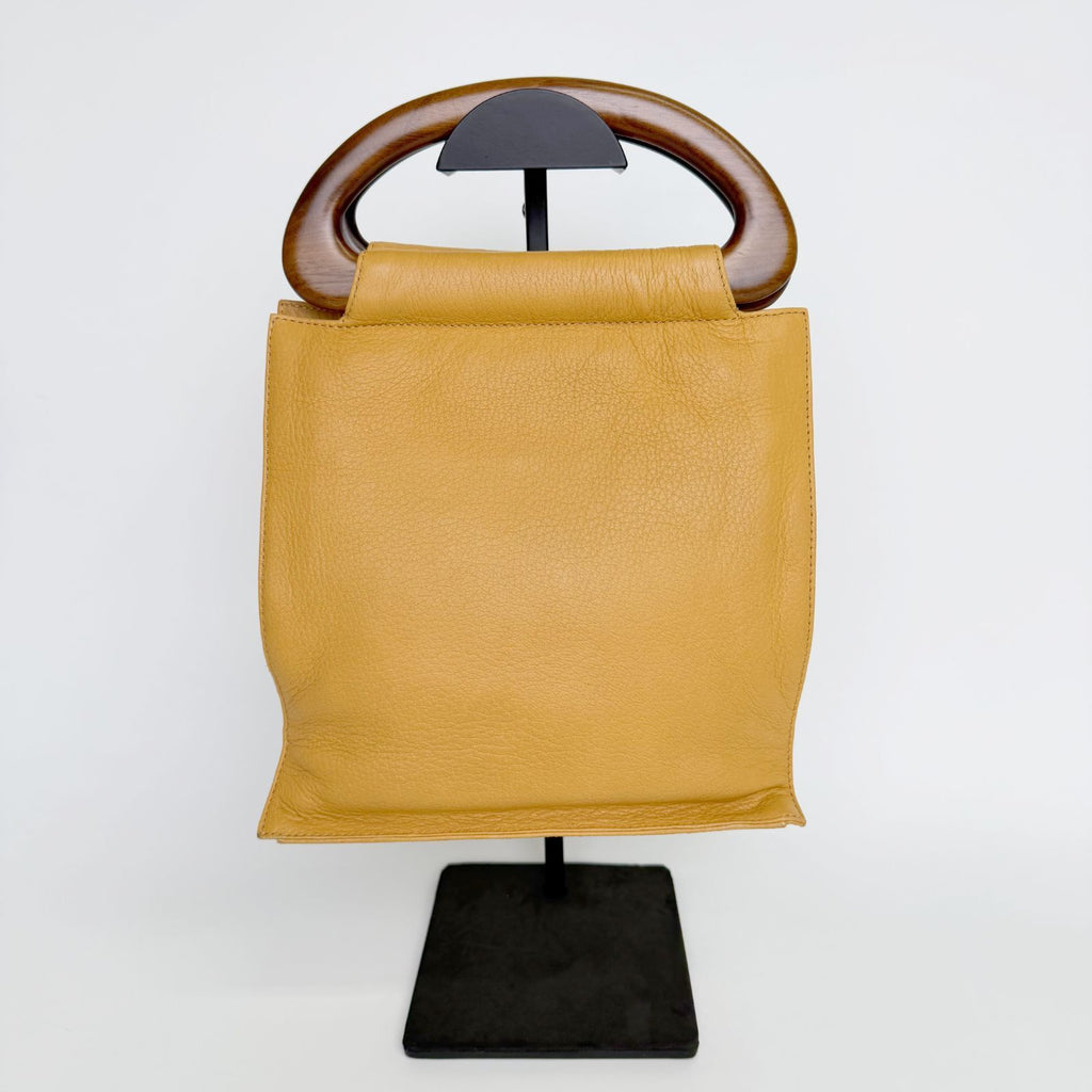 Chanel CC Logo Perforated Wood Handle Handbag Leather Yellow Brown Gold Vintage — view 4