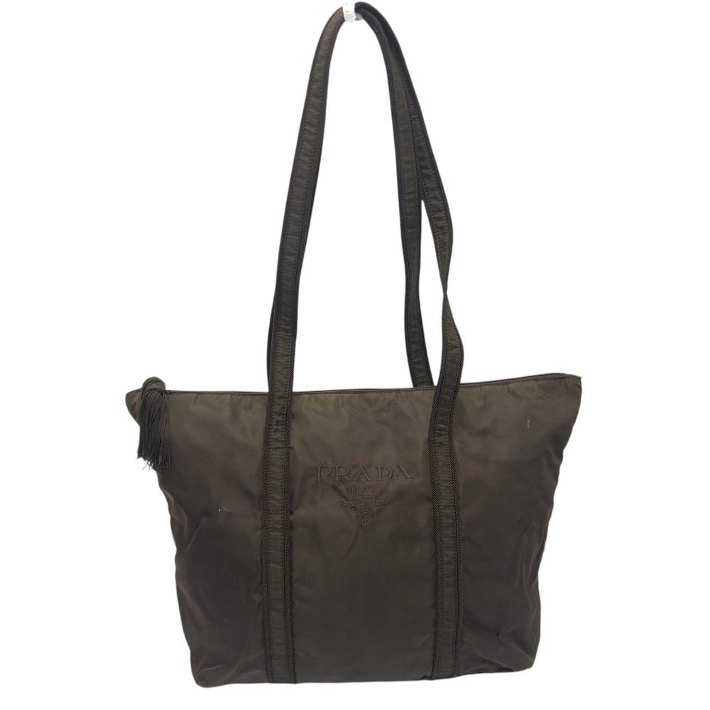 Prada Tote Logo Embroidery Nylon Brown