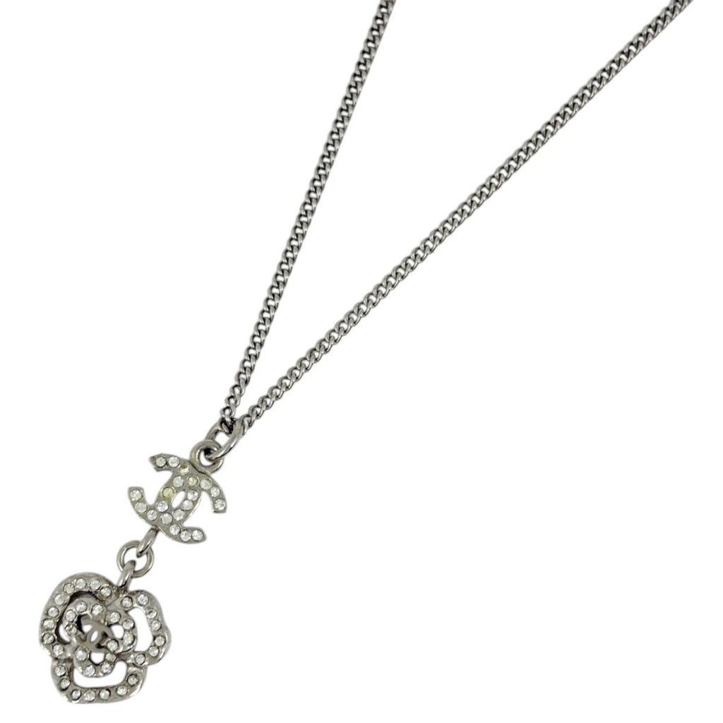 Chanel Necklace CC Logo Camellia Silver Plated Rhinestone