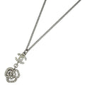 Chanel Necklace CC Logo Camellia Silver Plated Rhinestone