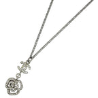 Chanel Necklace CC Logo Camellia Silver Plated Rhinestone