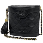 Chanel Quilted Shoulder Bag CC Logo Fringe Leather Black