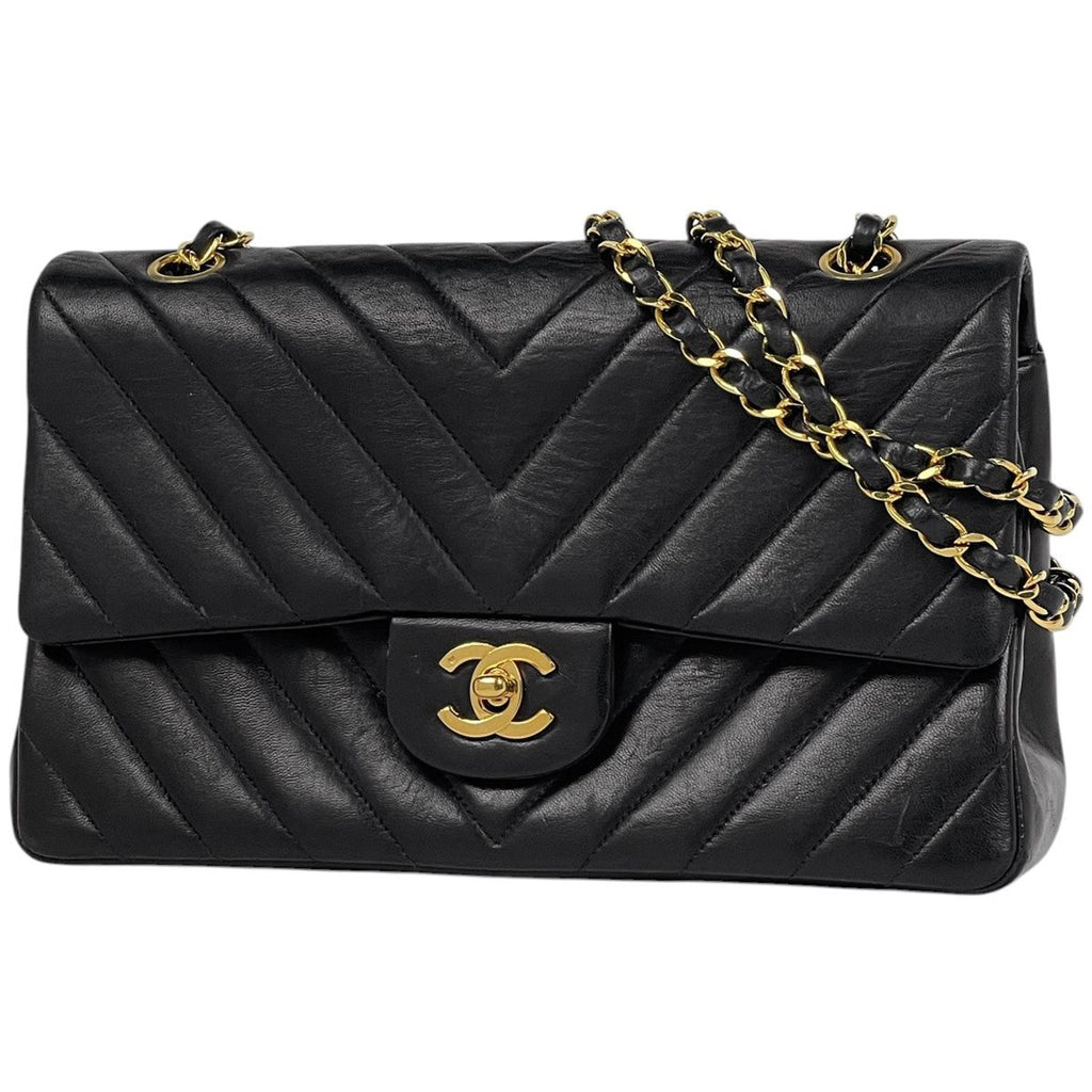 Chanel Shoulder Bag CC Logo Stitch Double Flap Leather Black