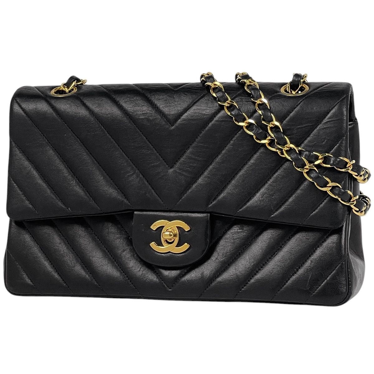 Chanel Shoulder Bag CC Logo Stitch Double Flap Leather Black
