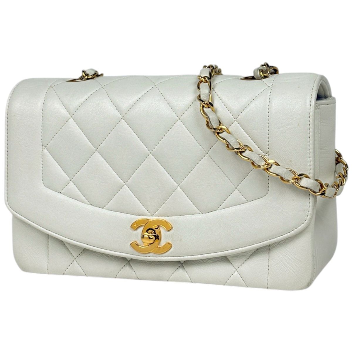 Chanel Diana Quilted Shoulder Bag CC Logo Single Flap Leather White