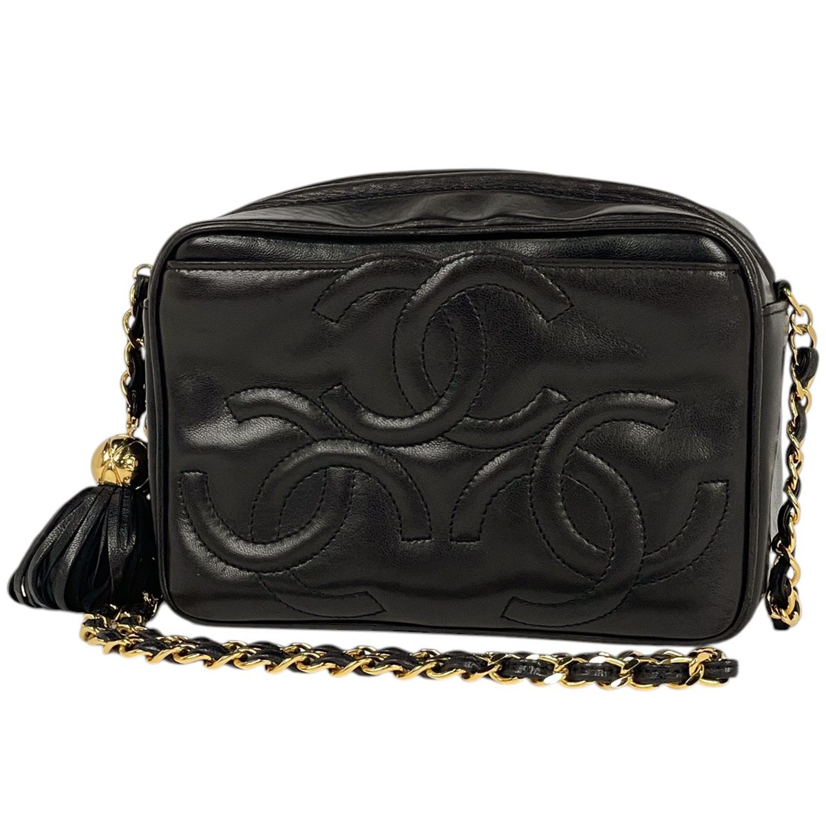 Chanel Shoulder Bag Triple CC Logo Fringe Leather Black