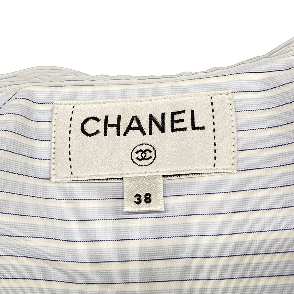 Chanel Long Sleeve Shirt Blouse 38 M White Light Blue Dark Navy Cotton — view 3