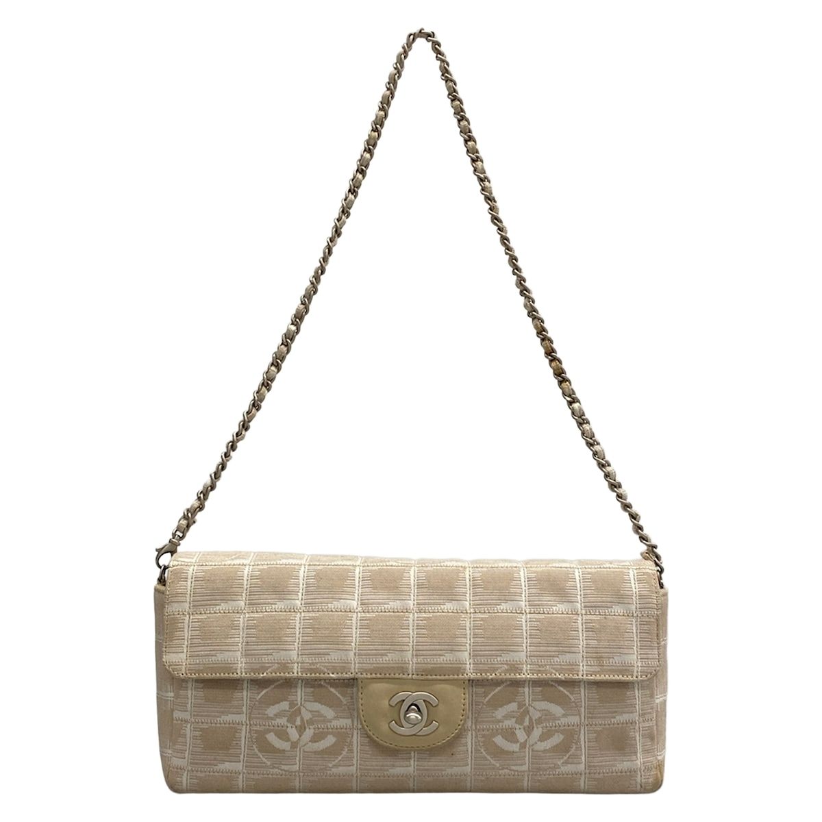 Chanel Shoulder Bag New Travel Line Beige White Chain Matte Silver Flap Leather