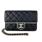 Chanel Wallet Quilted Black White Chain Metal Gold Lambskin Shoulder